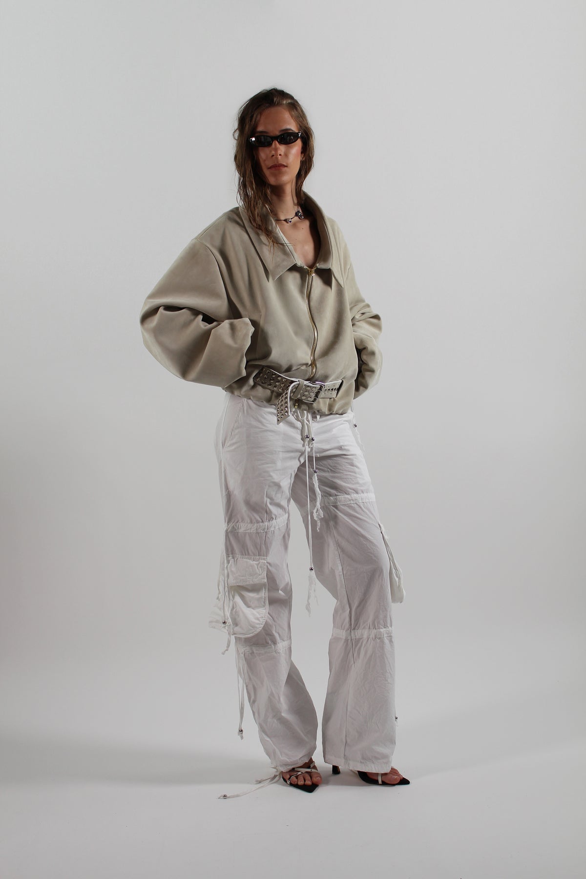 Belt with Metal Studs in Suede Leather Off White